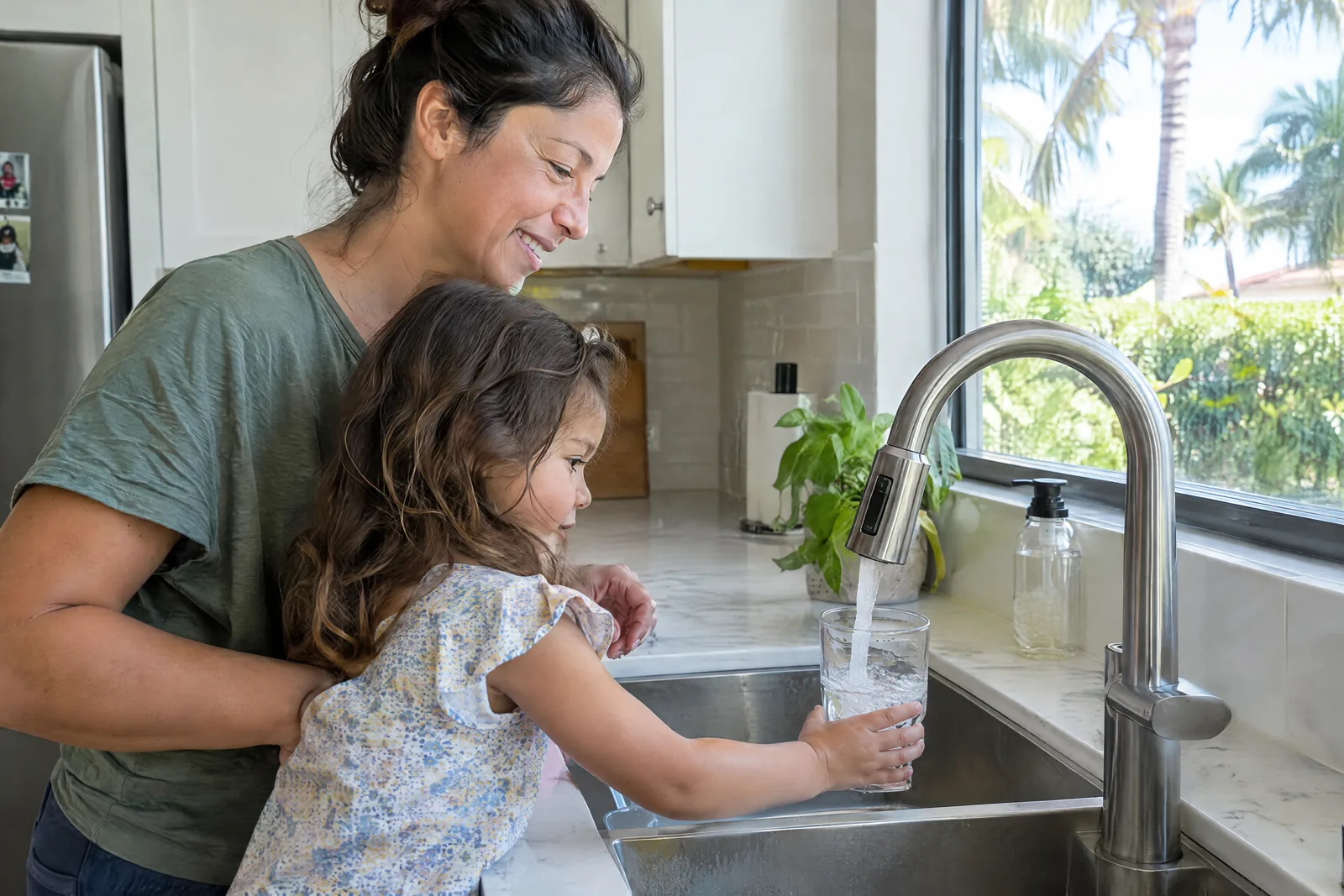 A South Florida family filling a glass with clean filtered water