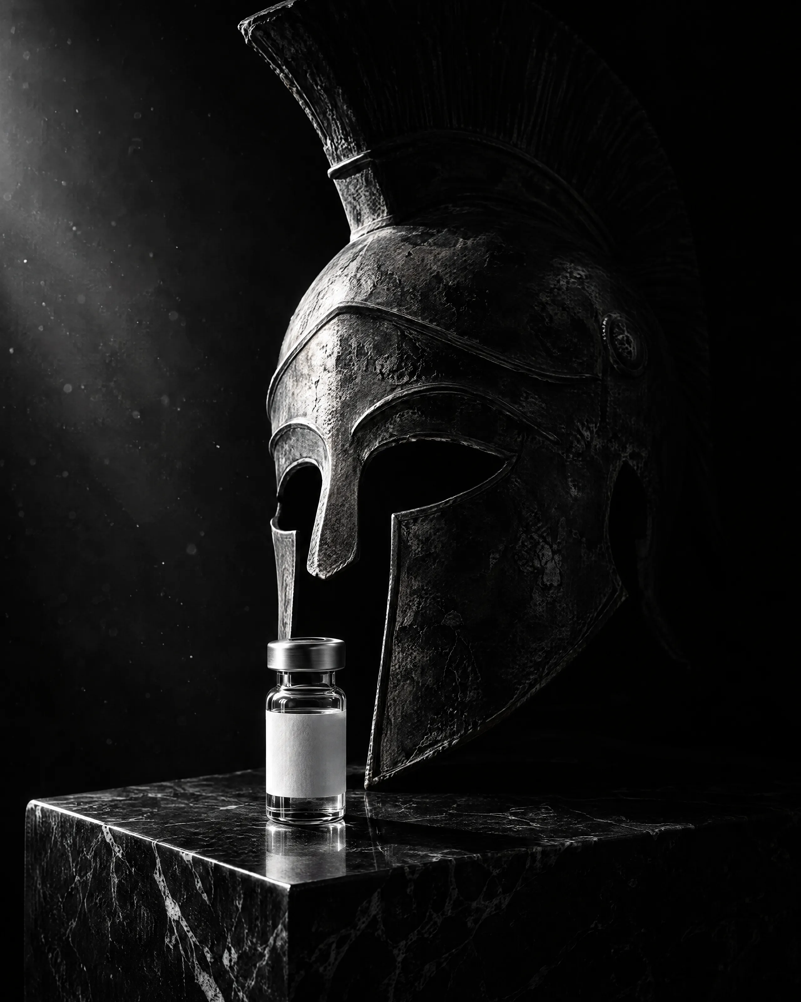 A Forbidden Labs research vial beside a Spartan helmet