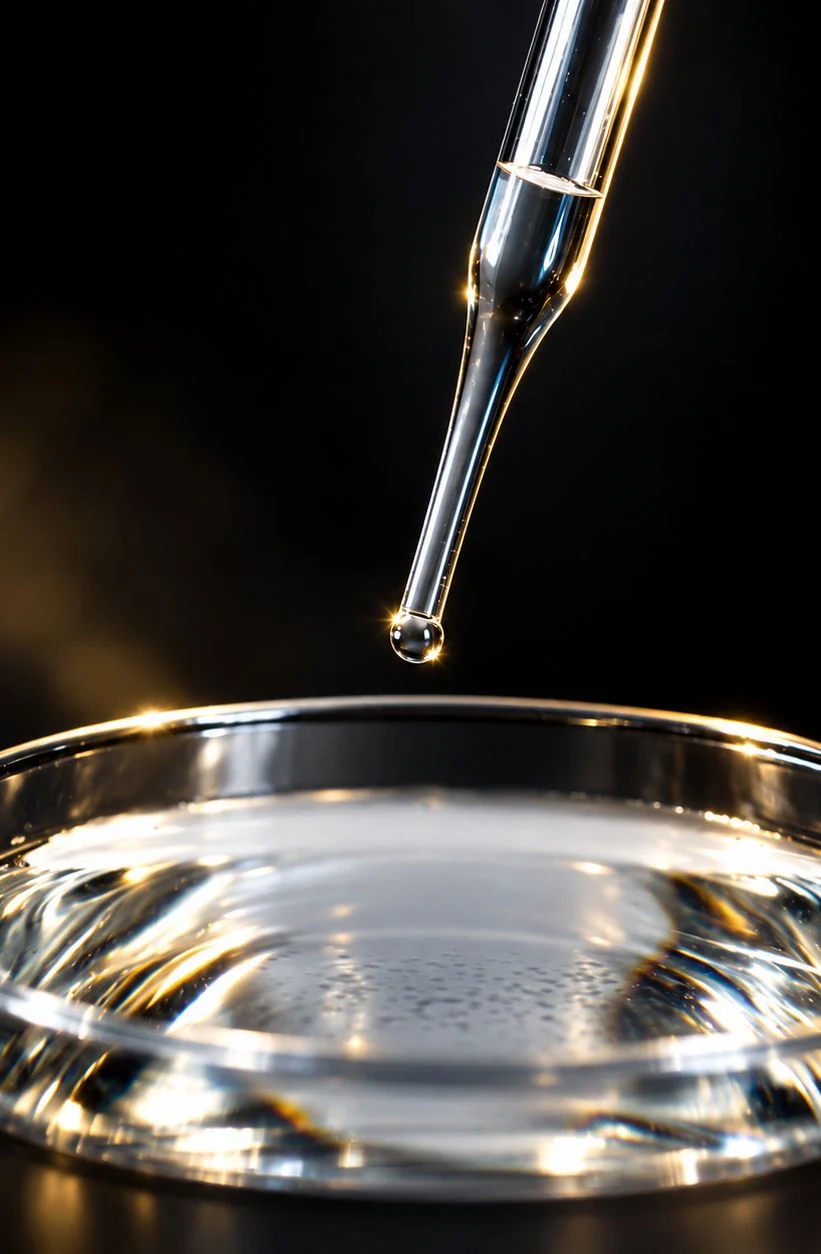 A glass pipette releasing a drop into a clear dish