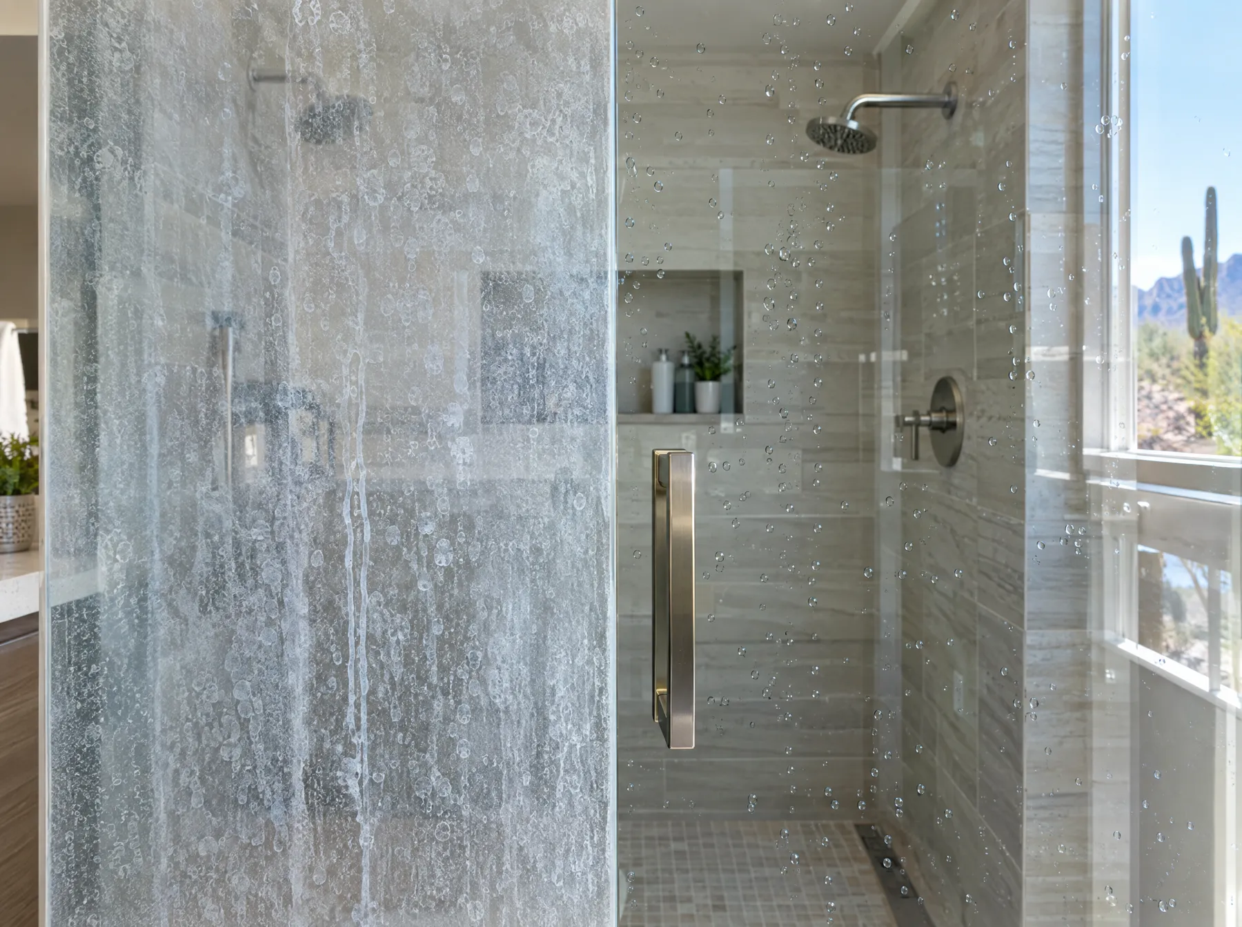 Shower glass with hard water spots on one side and clear glass on the other