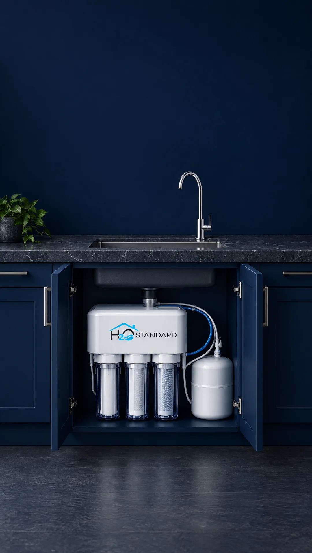 The H2O Standard reverse osmosis system under a kitchen sink, with its own chrome drinking water faucet on the counter