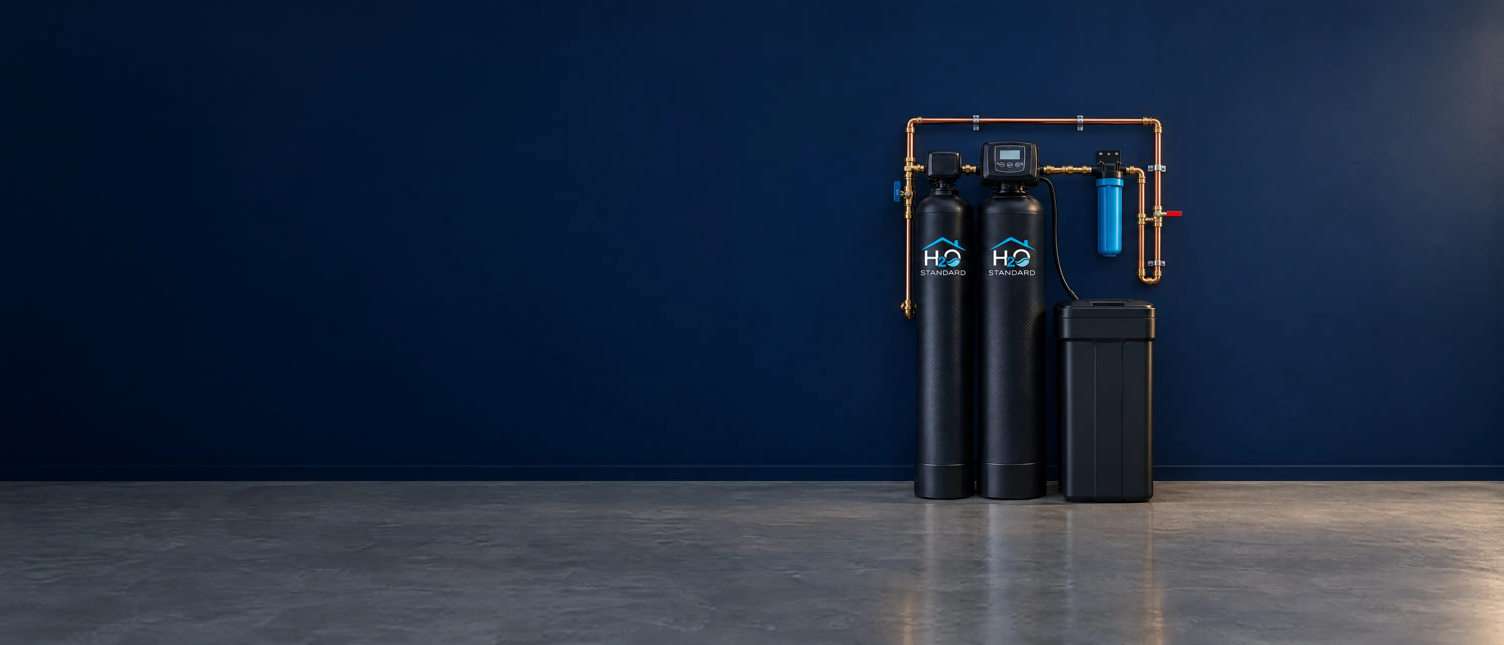 The H2O Standard city water system: a softener tank and a carbon filter tank with a brine tank, installed against a garage wall