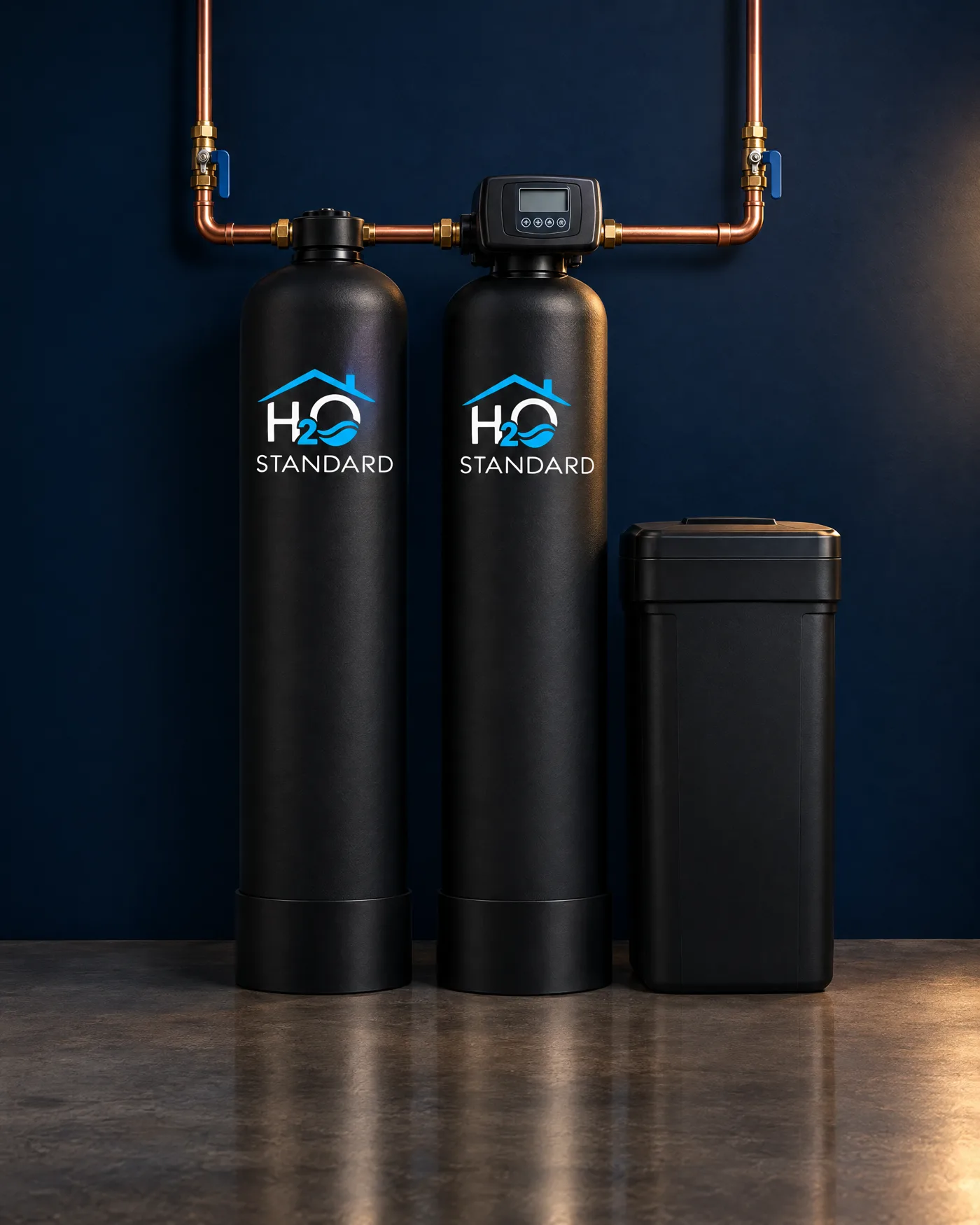 The H2O Standard water system: carbon and softener tanks with our logo, a brine tank and copper plumbing against a navy wall