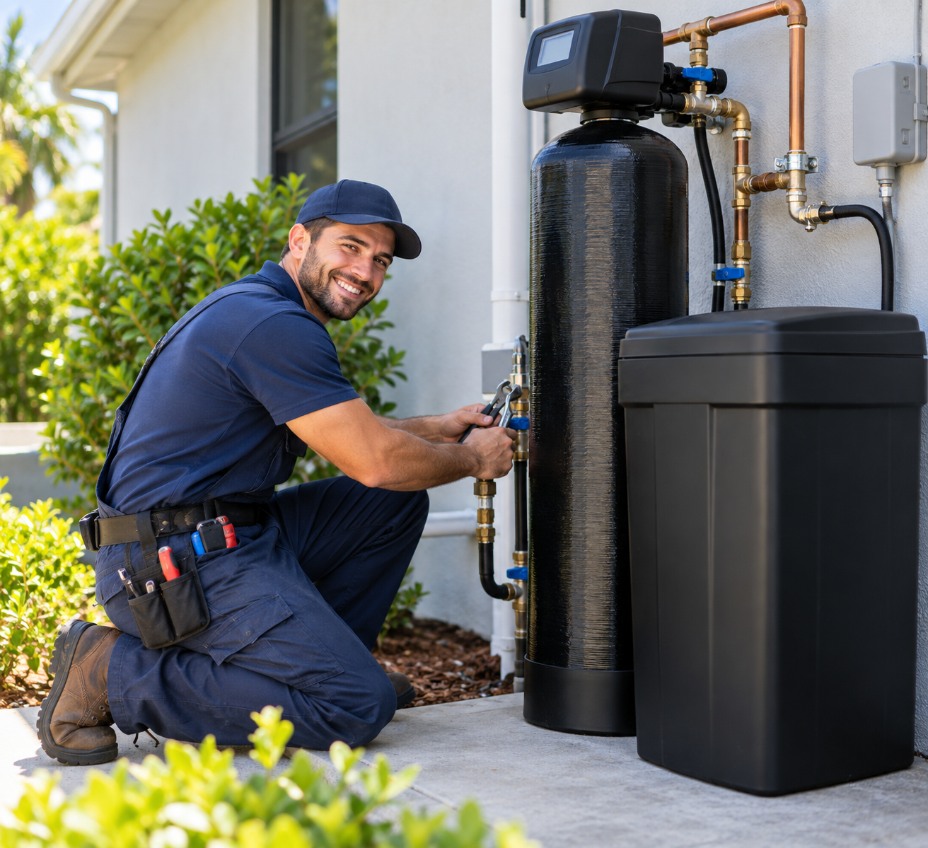 A licensed plumber installing a water softener