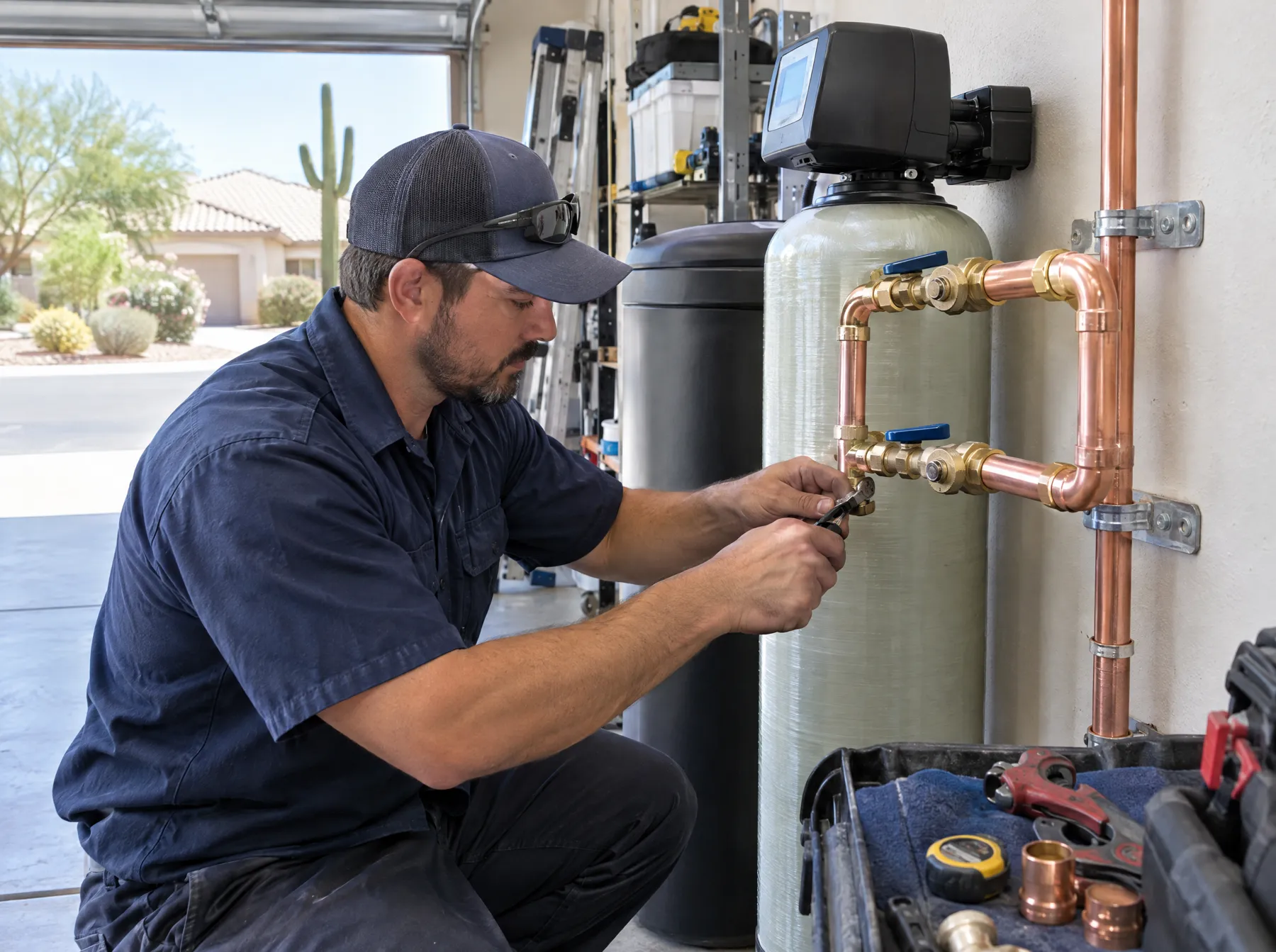 A licensed plumber connecting a water softener in a garage