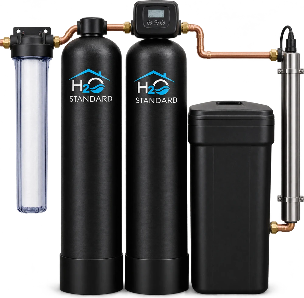 The H2O Standard Ultimate System: sediment filter, carbon and softener tanks, brine tank and UV