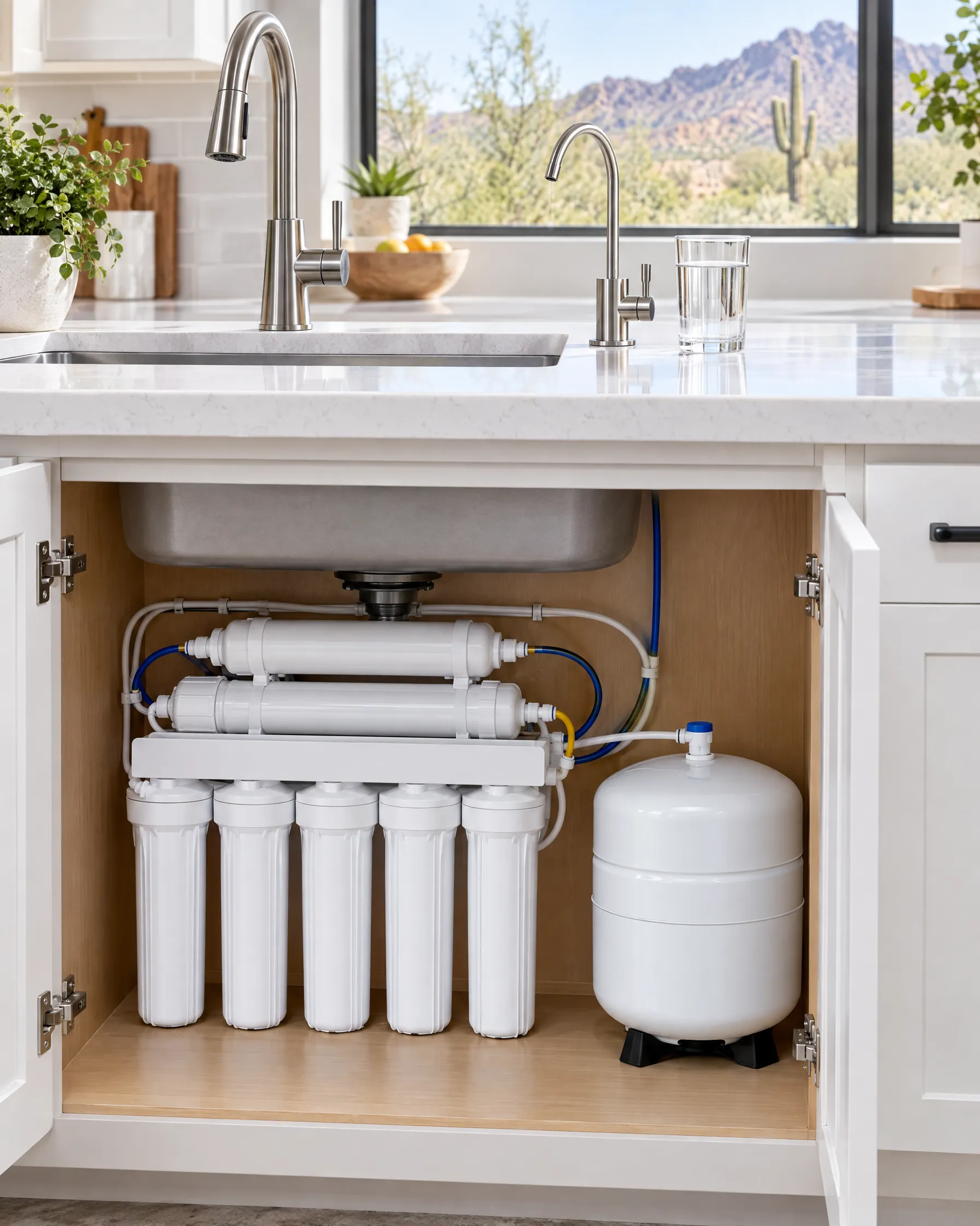 An under-sink reverse osmosis system in a kitchen cabinet