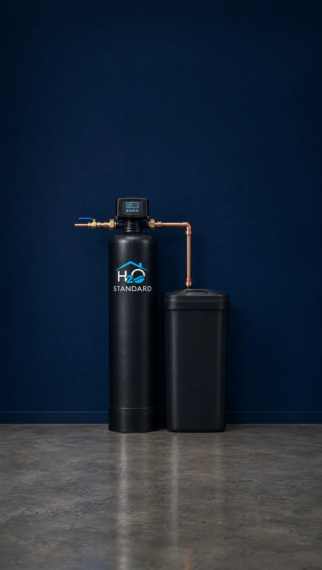 The H2O Standard water softener: one resin tank with a digital valve and a brine tank