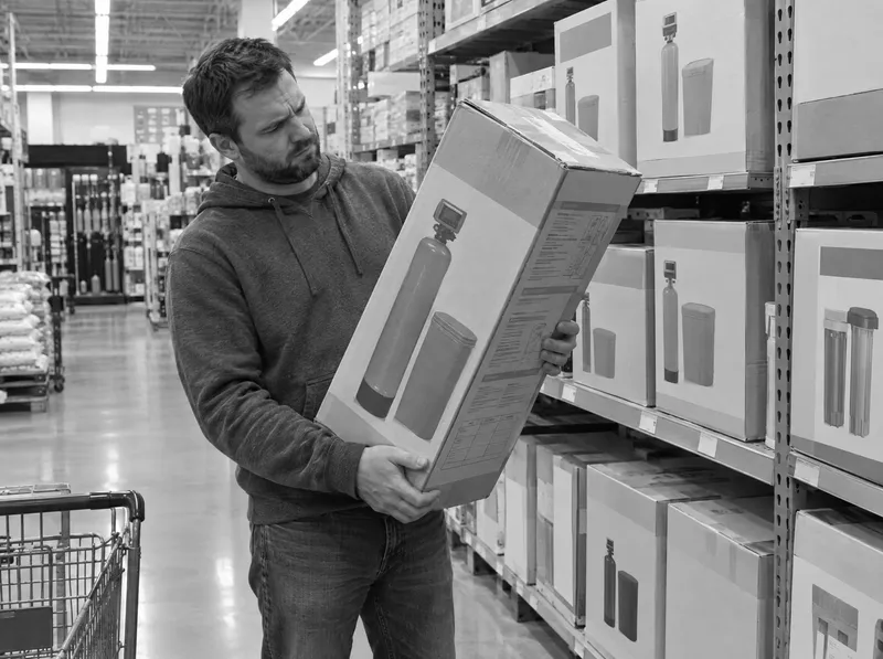 A homeowner carrying a boxed water softener through a big-box store aisle