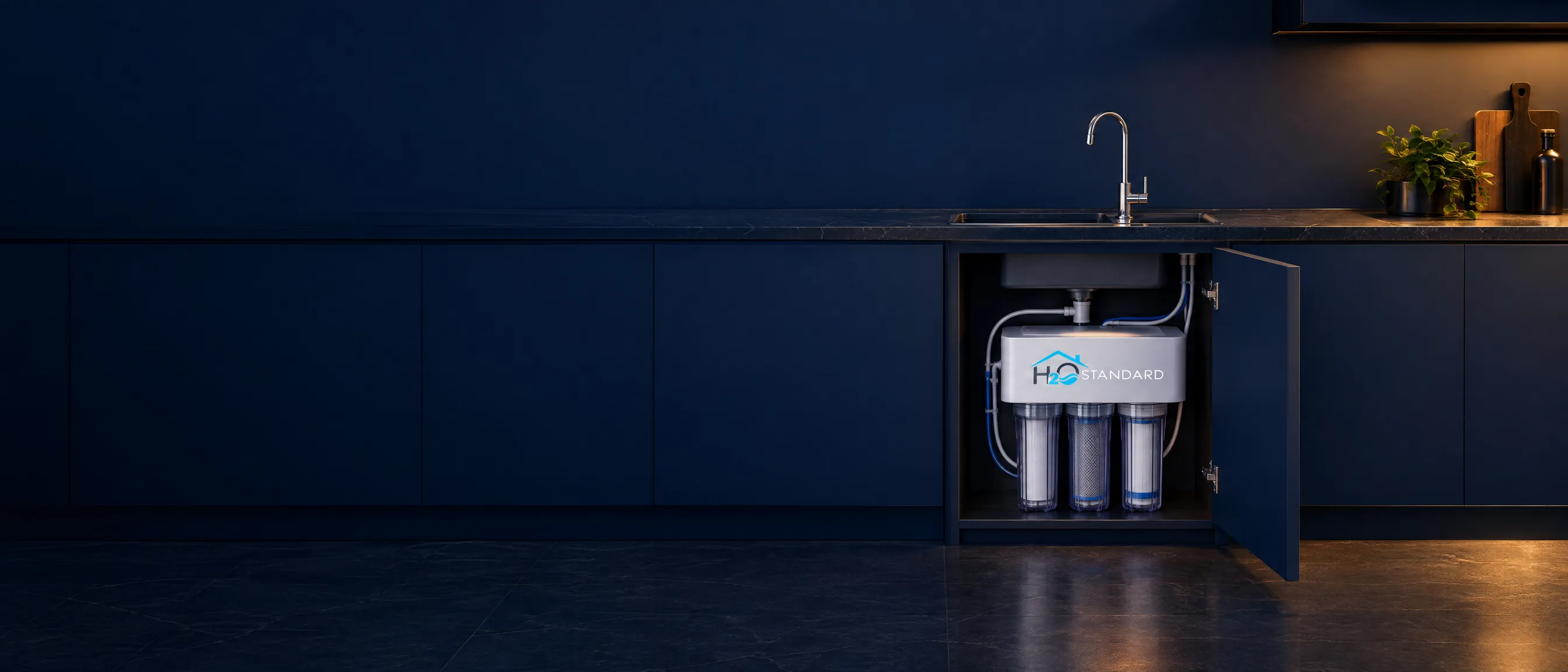 The H2O Standard reverse osmosis system under a kitchen sink, with its own chrome drinking water faucet on the counter