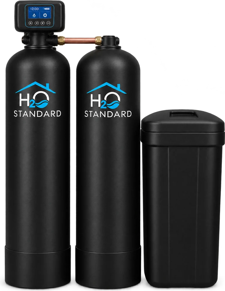 The H2O Standard twin tank water softener: two resin tanks sharing one valve, and a brine tank