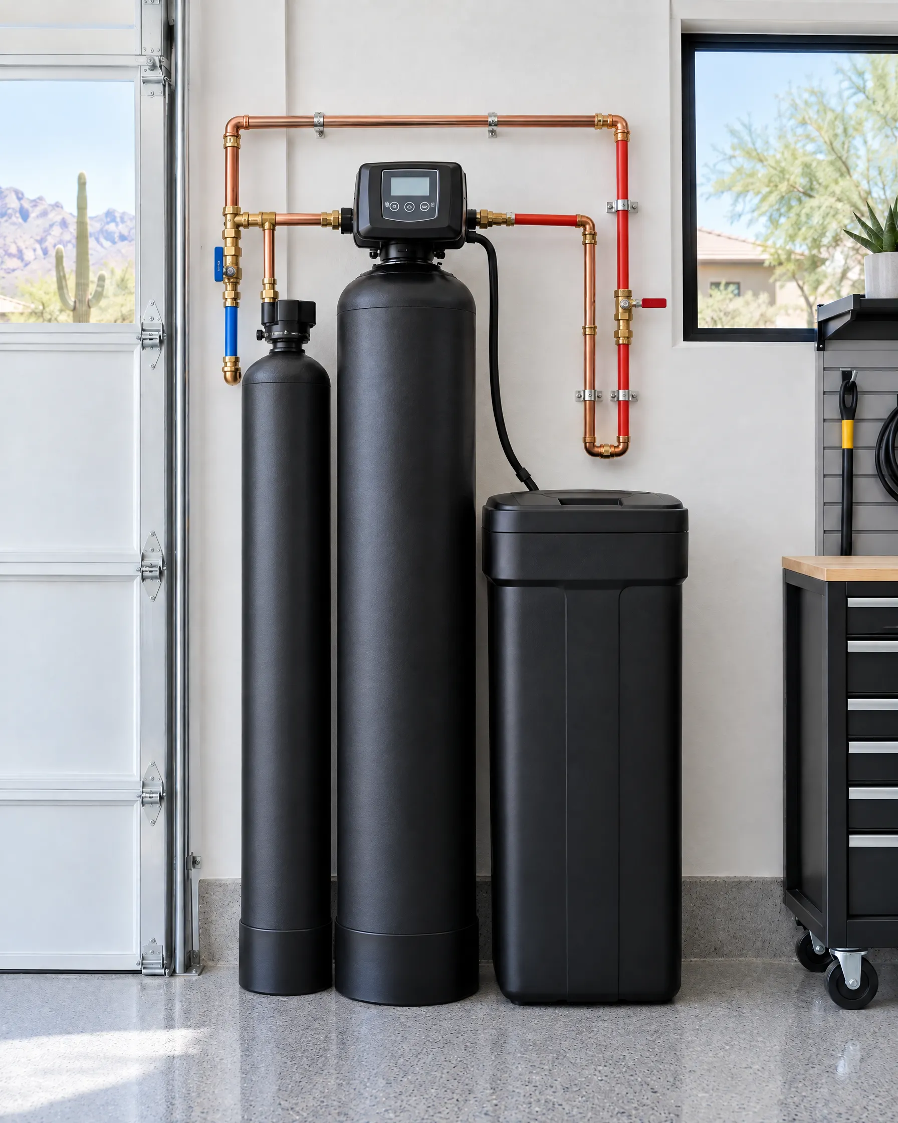 A water softener with a carbon filtration tank installed in a garage