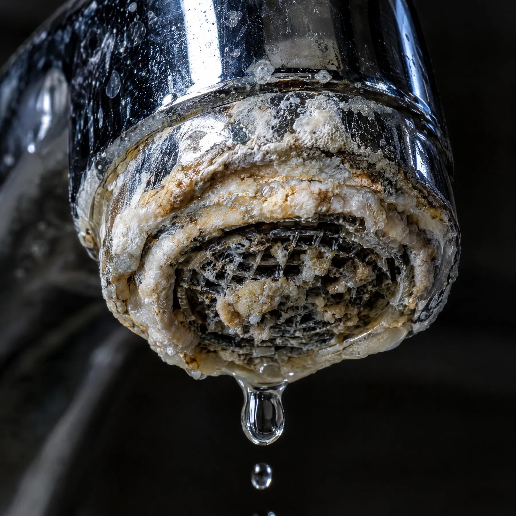 A faucet aerator crusted with white limescale