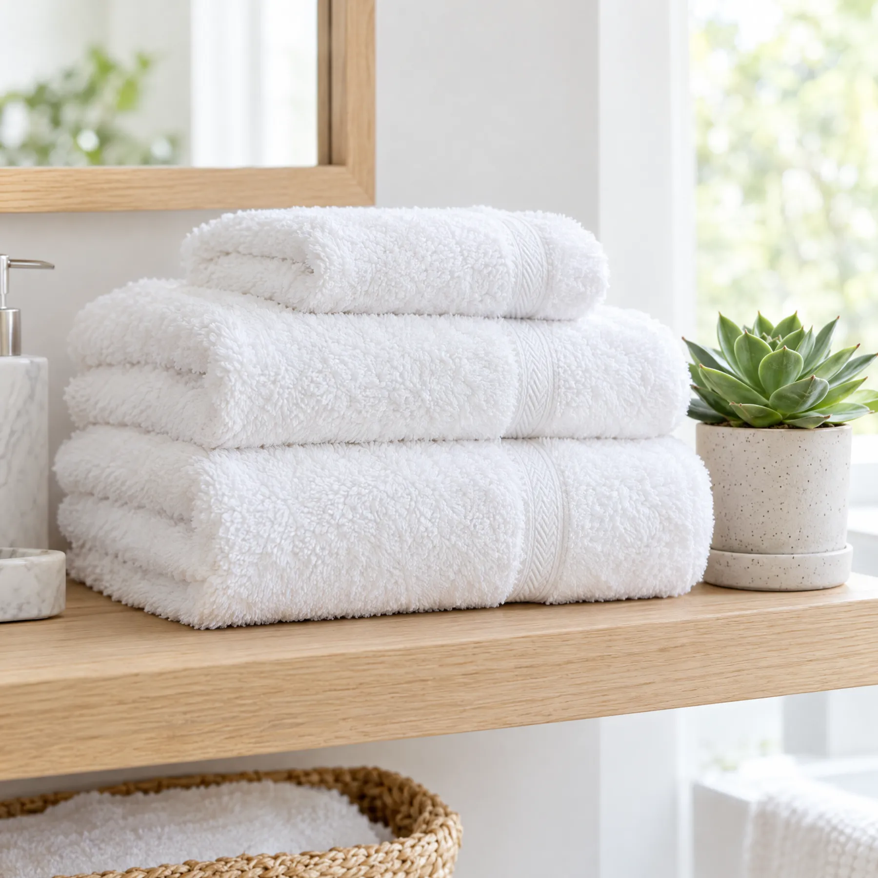 Fluffy white towels washed in soft water