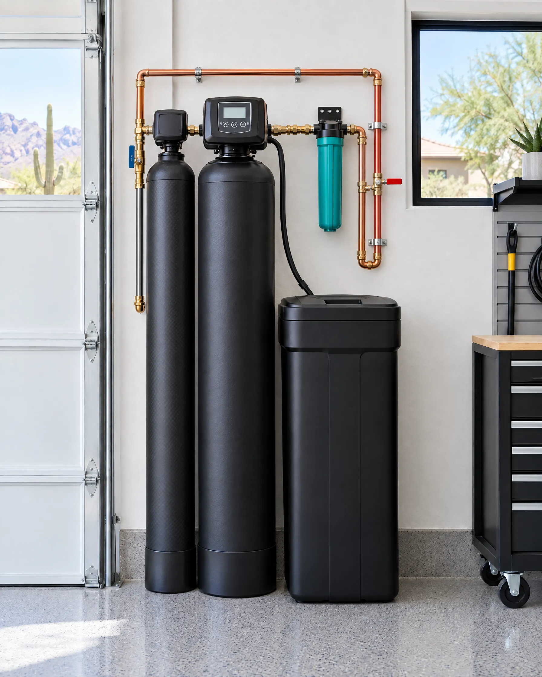 A whole house softening and filtration system installed in a garage