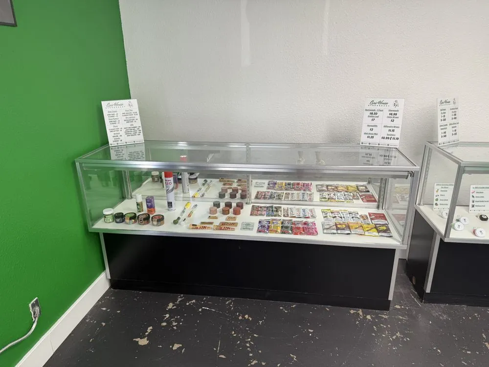 Smoke shop accessories, glass and papers, at Gas House Dispensary, Dallas.