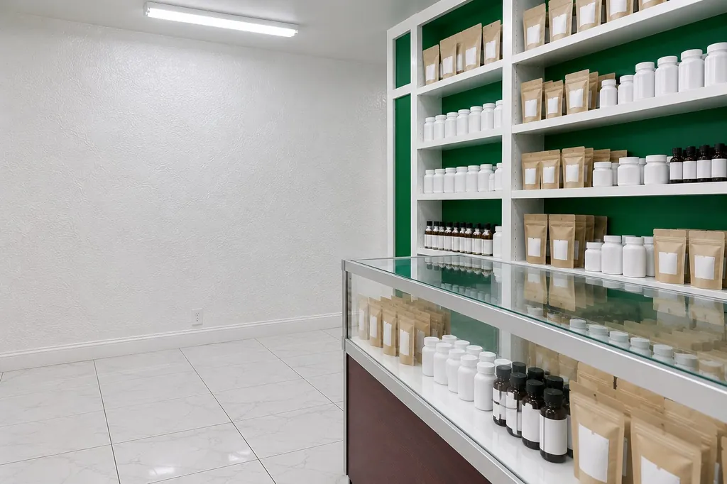 White shelf of kratom capsule bottles, kraft powder pouches and shot bottles at Kush Kingdom