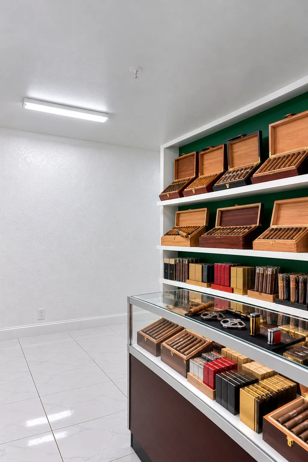 Boxes of cigars and cigarillos on a shelf at Kush Kingdom