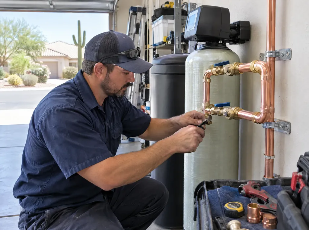 A licensed plumber connecting a water softener in a garage