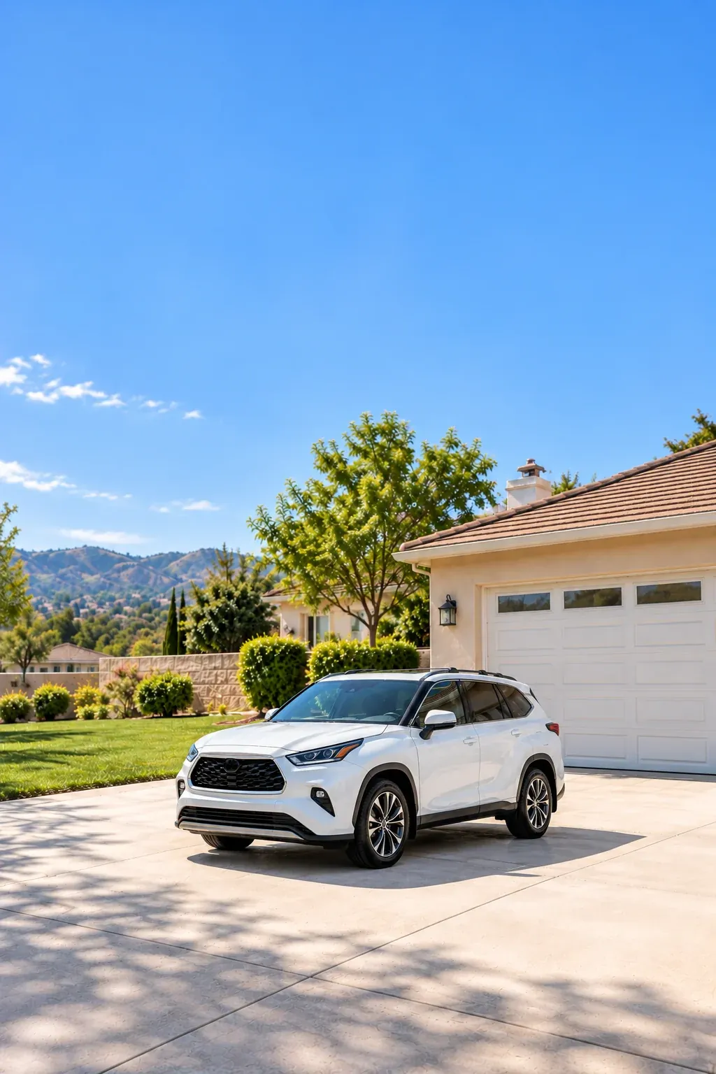 A freshly washed white SUV on a home driveway