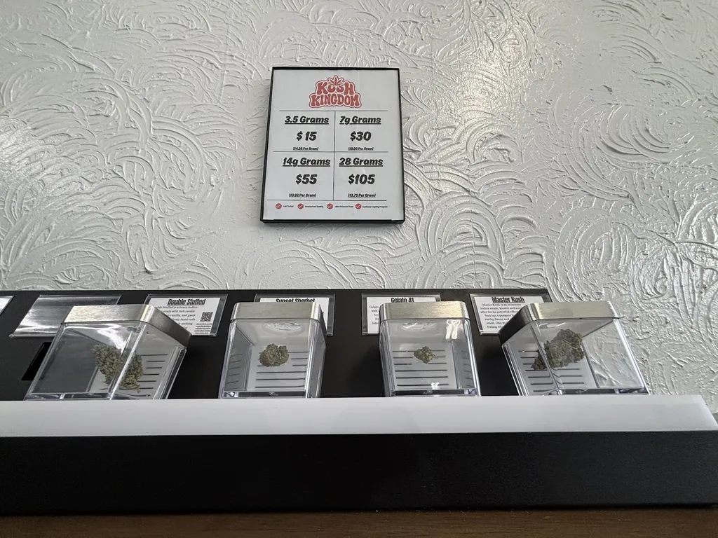 The flower case under the price board at Kush Kingdom
