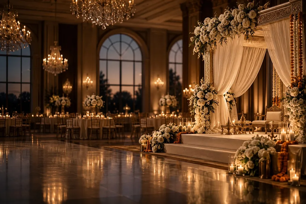 An ivory and gold mandap in an empty candlelit ballroom with chandeliers and arched windows at dusk