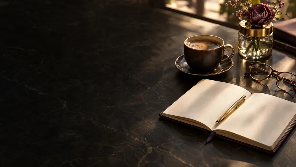 A notebook, coffee and a jar of flower on a dark table