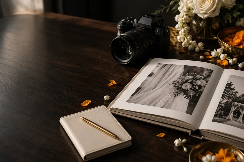 A camera, an open black and white wedding album and a notebook on a dark table with jasmine and marigold petals