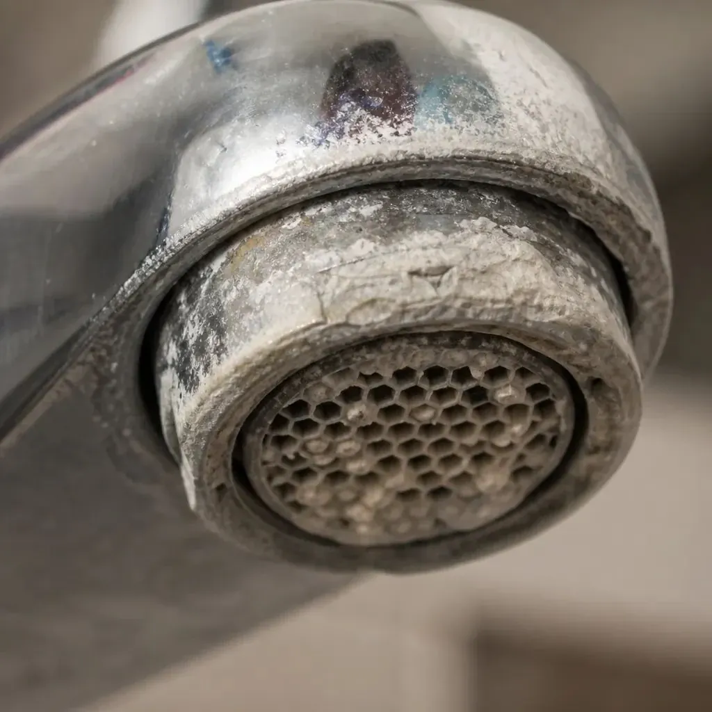Hard water scale crusted on a faucet aerator
