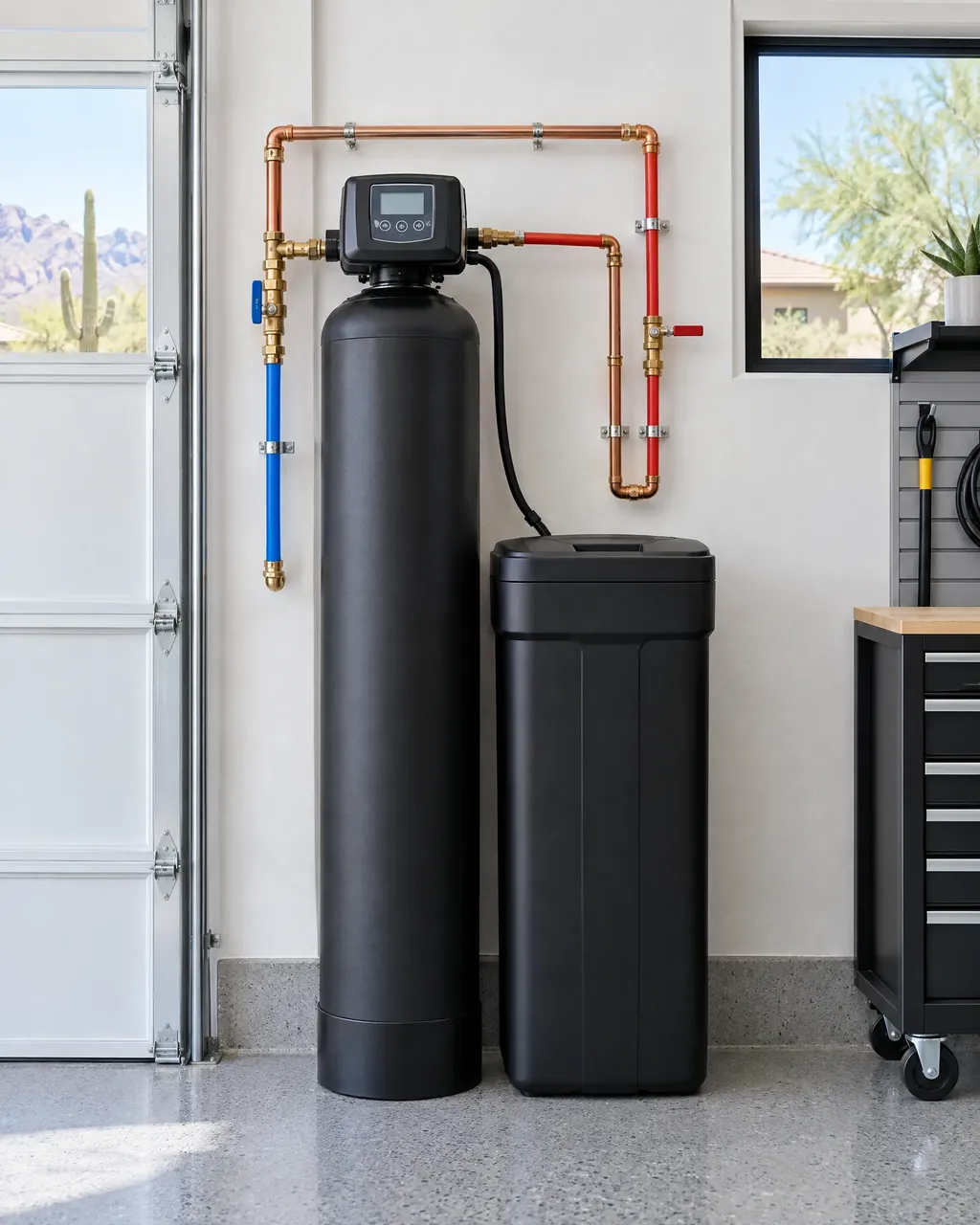 A water softener and brine tank installed in a garage