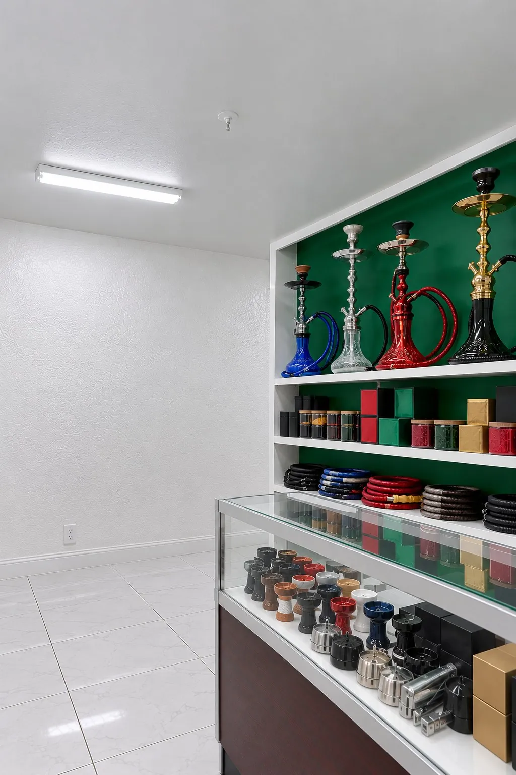 Hookahs and shisha boxes on a shelf beside a glass counter at Kush Kingdom