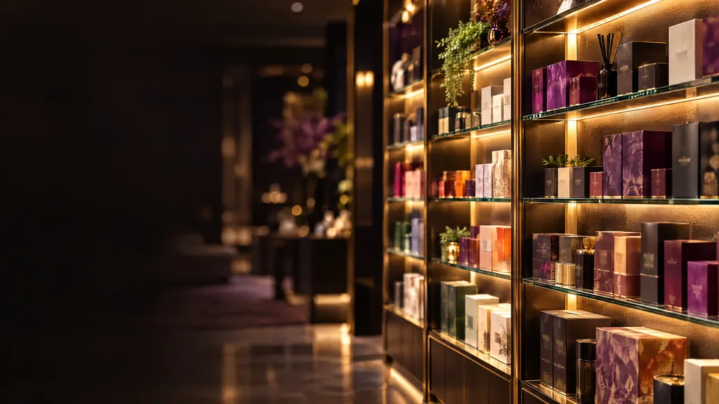 A lit wall of products from the brands Prestige Cannabis Co. carries