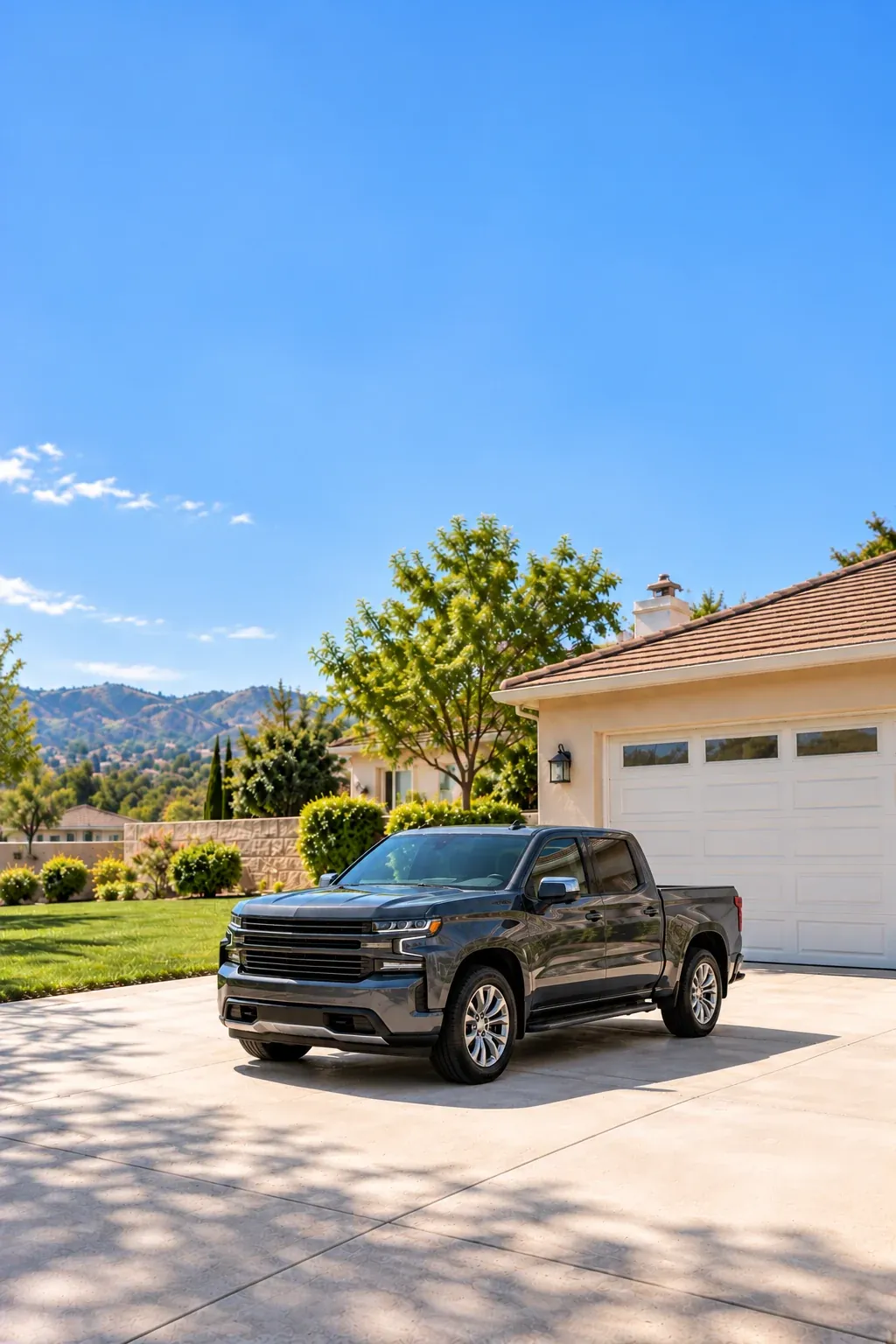 A freshly washed gray pickup truck on a home driveway
