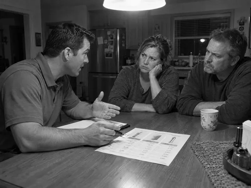 A water softener salesperson pitching at a kitchen table