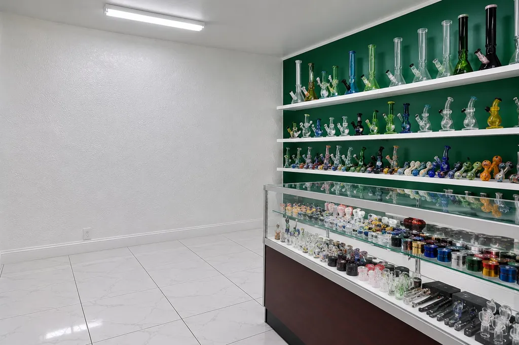 Green wall shelves of glass water pipes and accessories at Kush Kingdom
