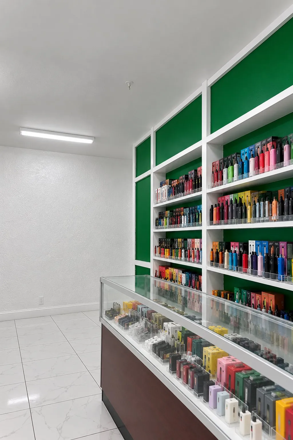 Wall of disposable vapes in acrylic risers behind a glass counter at Kush Kingdom