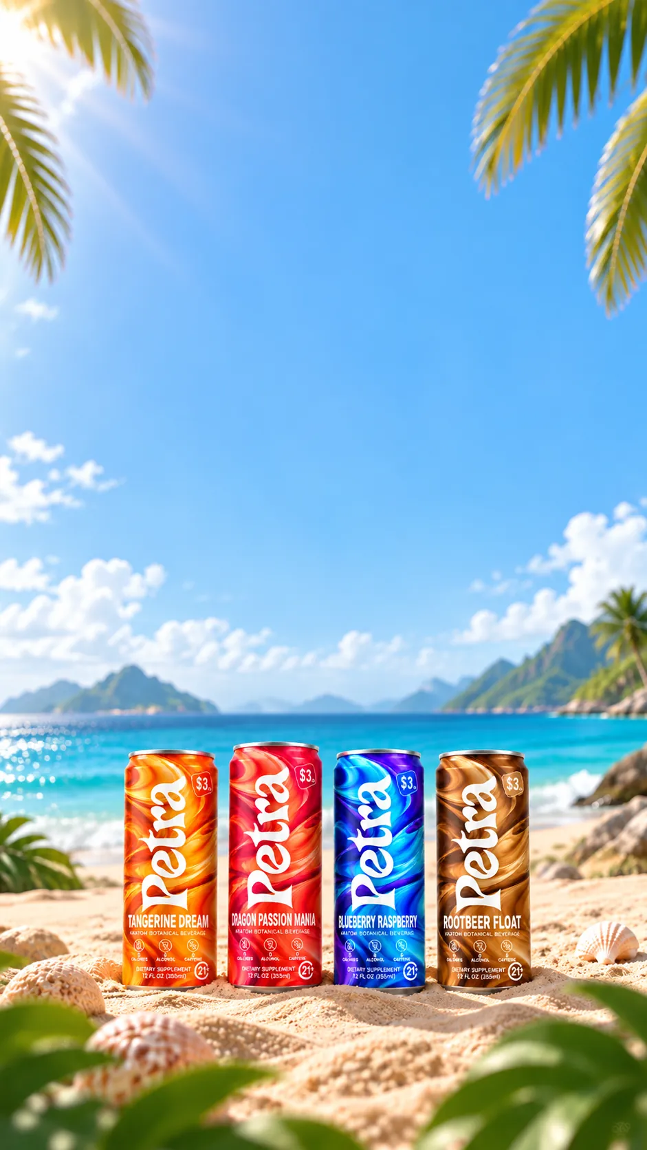 The four Petra flavors standing in beach sand, the ocean and palms behind them