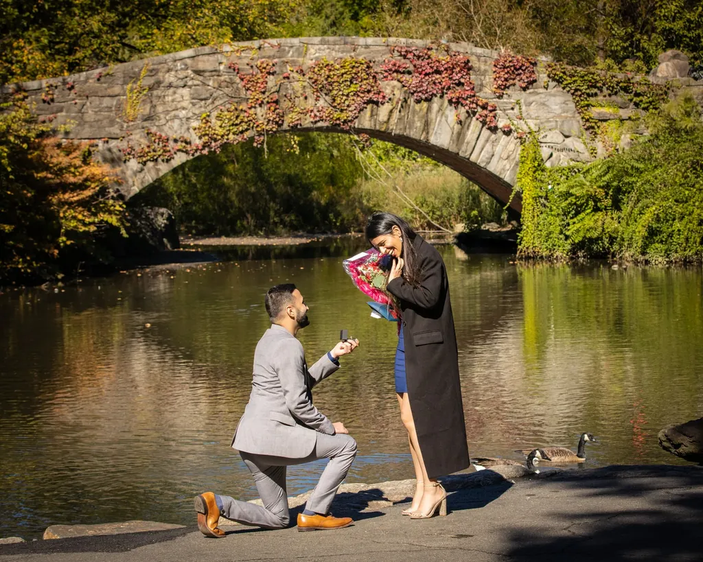 Proposal on one knee beside a stone bridge over a pond