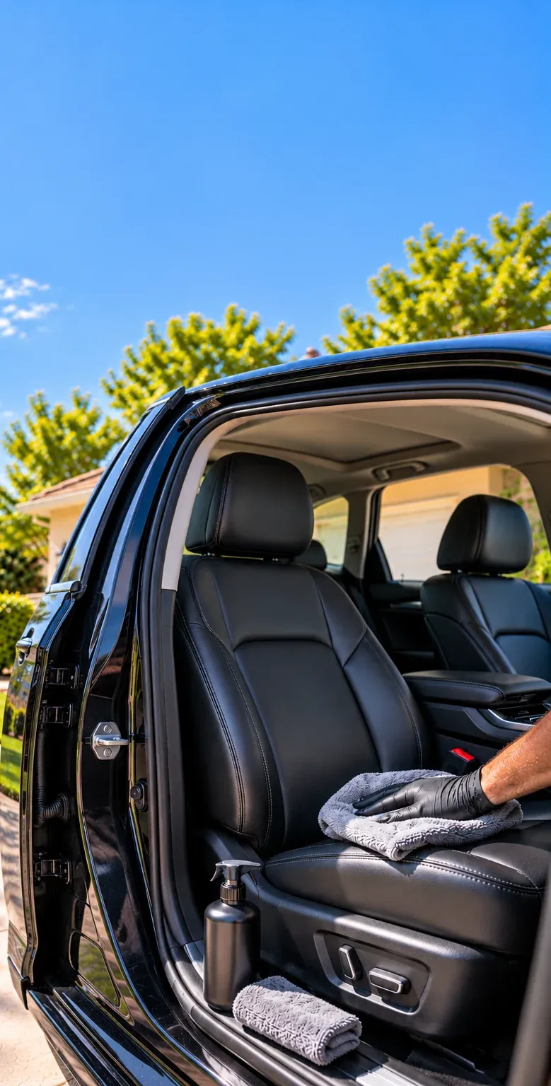 Wiping a black leather car seat with a microfiber cloth