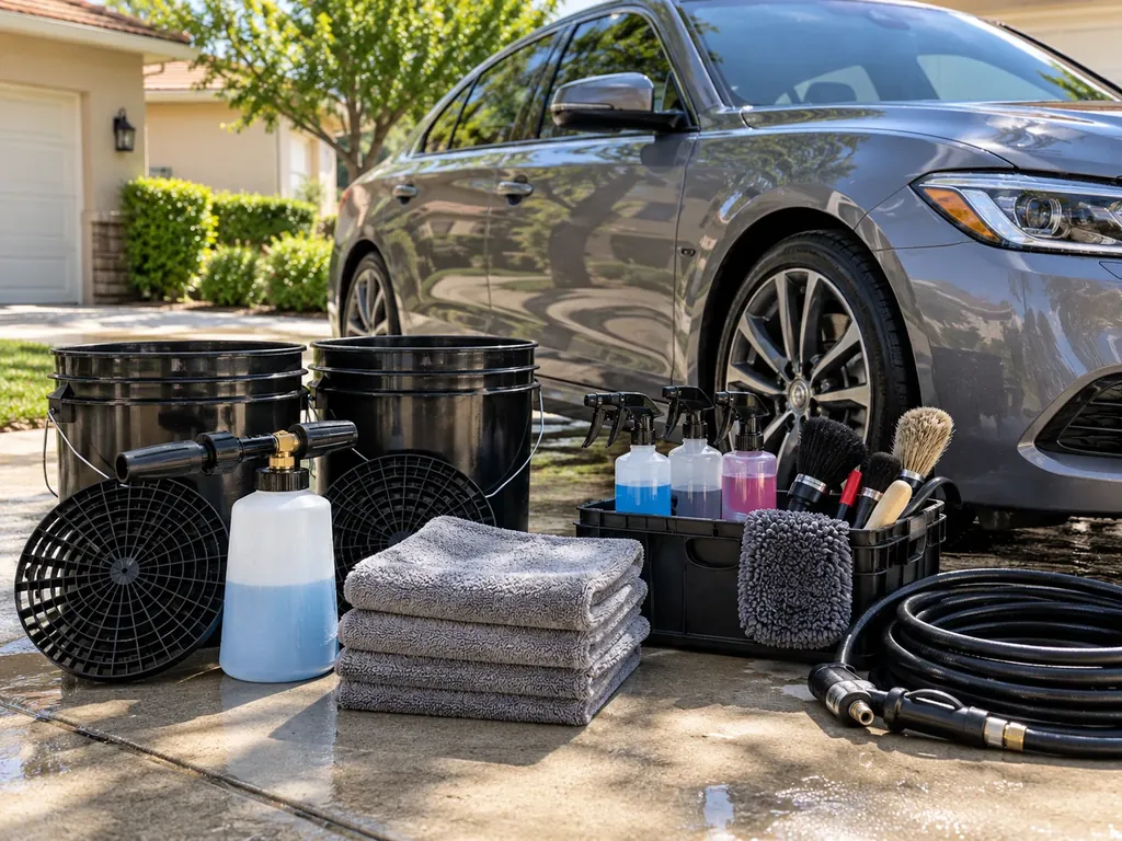 Mobile detailing equipment set up next to a freshly washed car on a driveway