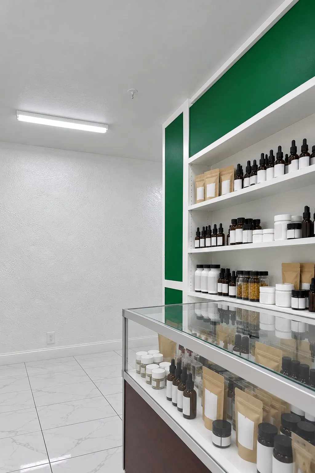 Shelf of CBD tincture bottles, topical jars and capsules at Kush Kingdom