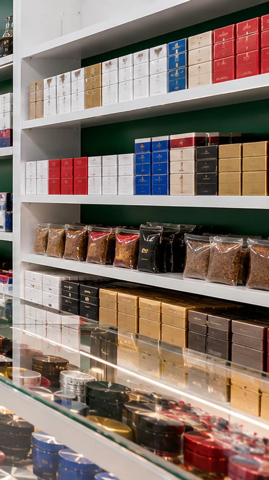 Cigarettes and tobacco products behind the counter at Kush Kingdom