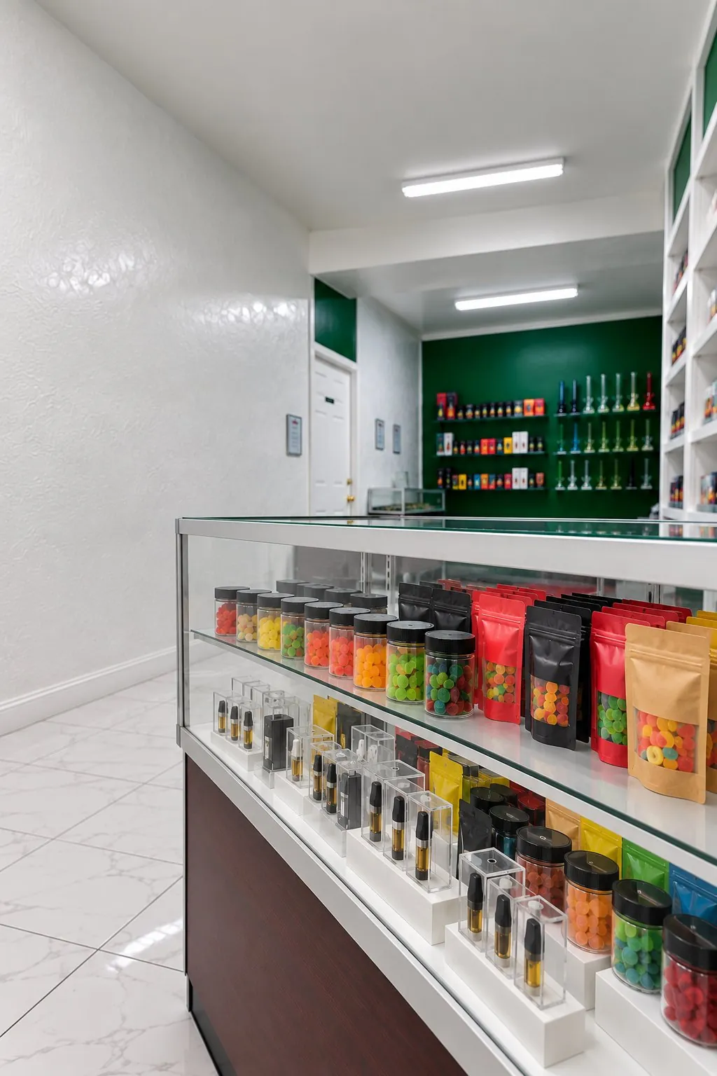 Stocked glass cases at Kush Kingdom ready for this week's deals