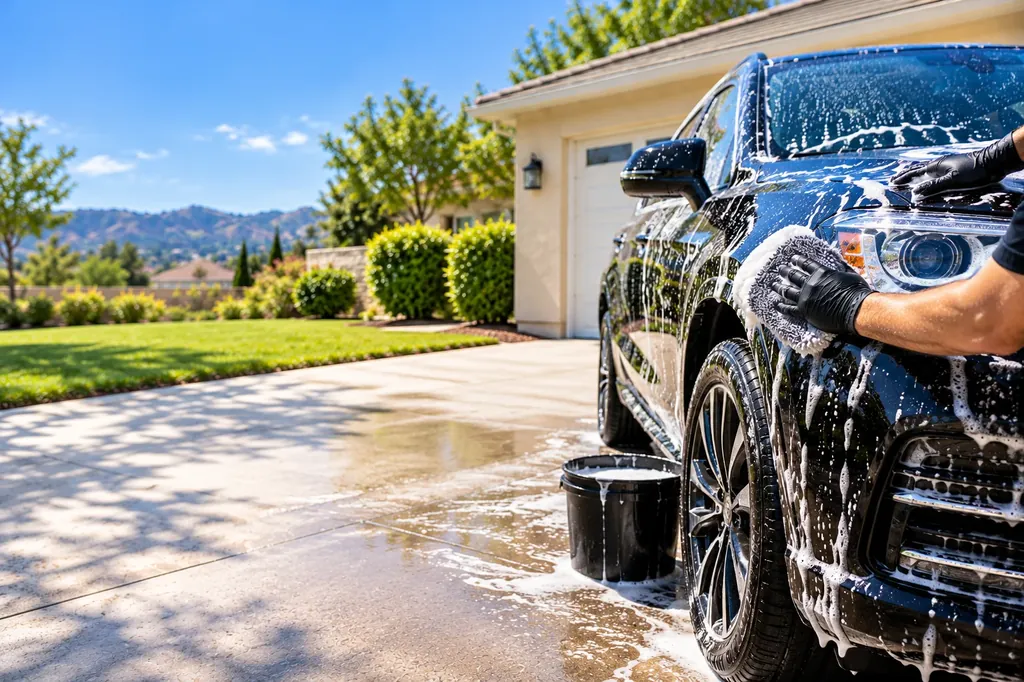 Hand washing a foam-covered black SUV on a driveway