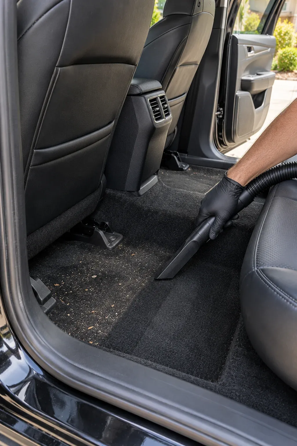Vacuuming the rear carpet of a car