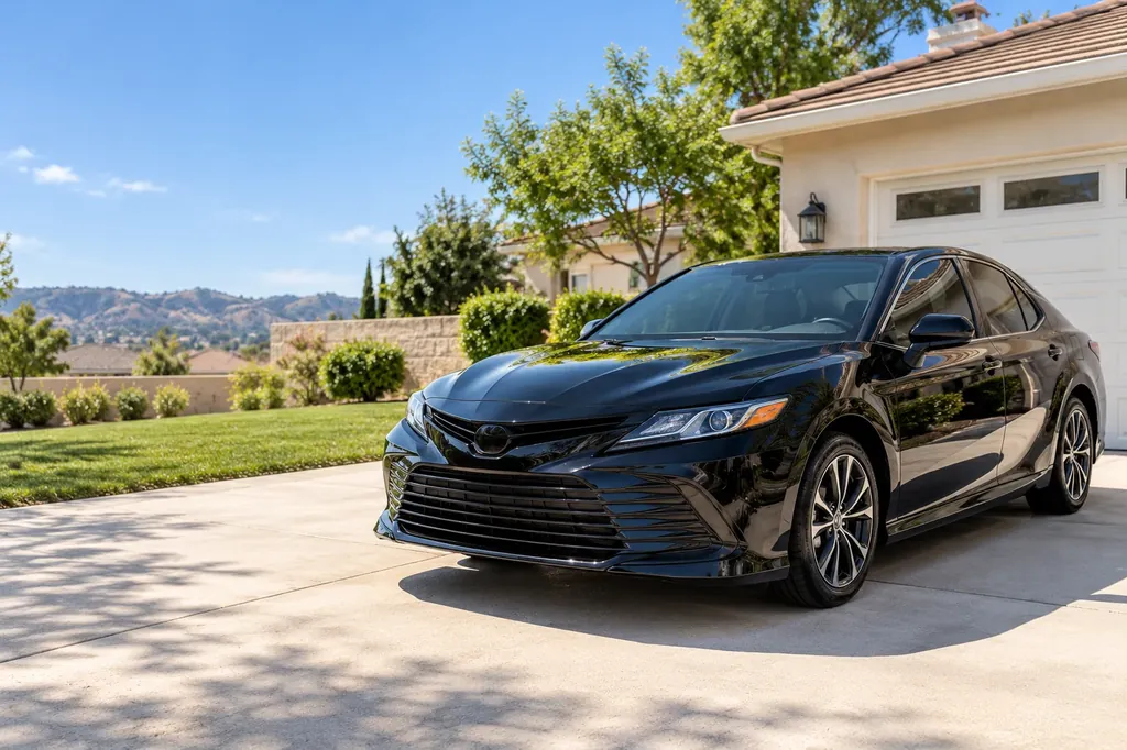 A freshly washed black sedan on a home driveway