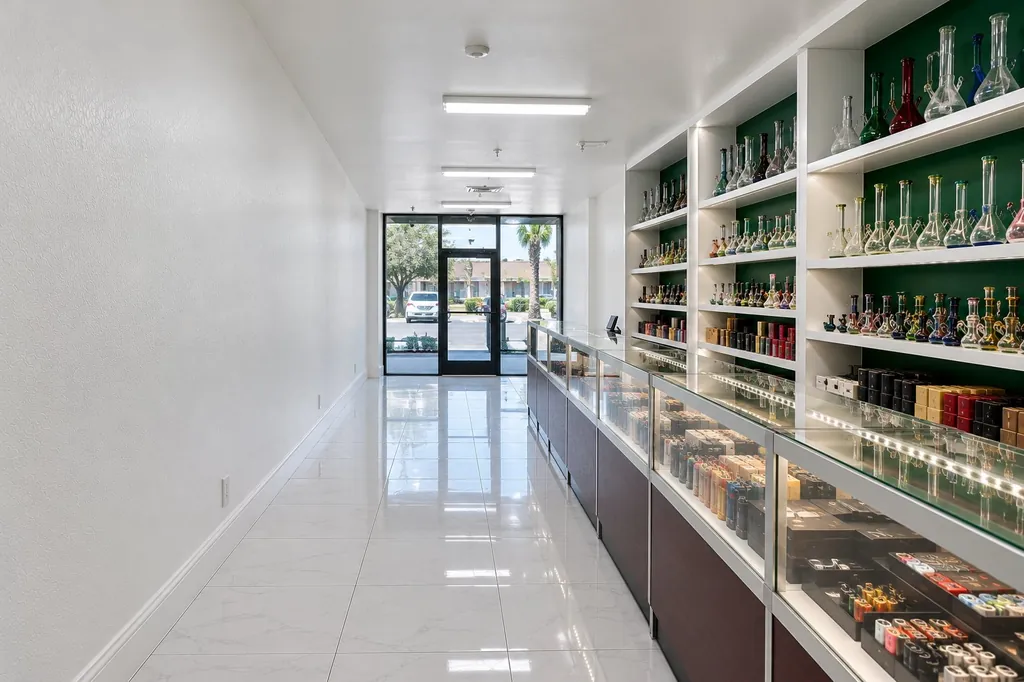 Glass cases and green shelves inside Kush Kingdom