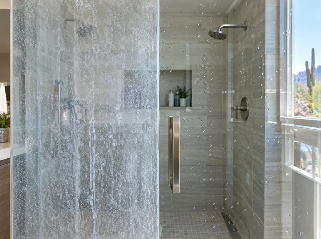 Shower glass with hard water spots on one side and clear glass on the other