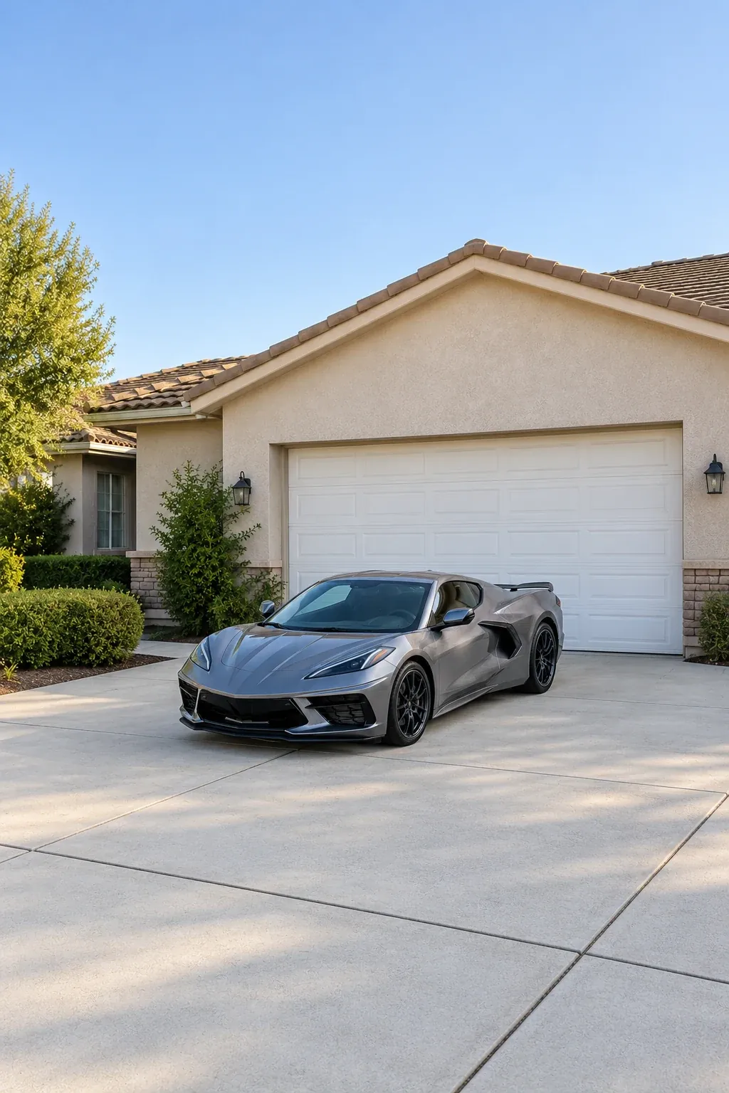 A gray Corvette Stingray parked in a driveway