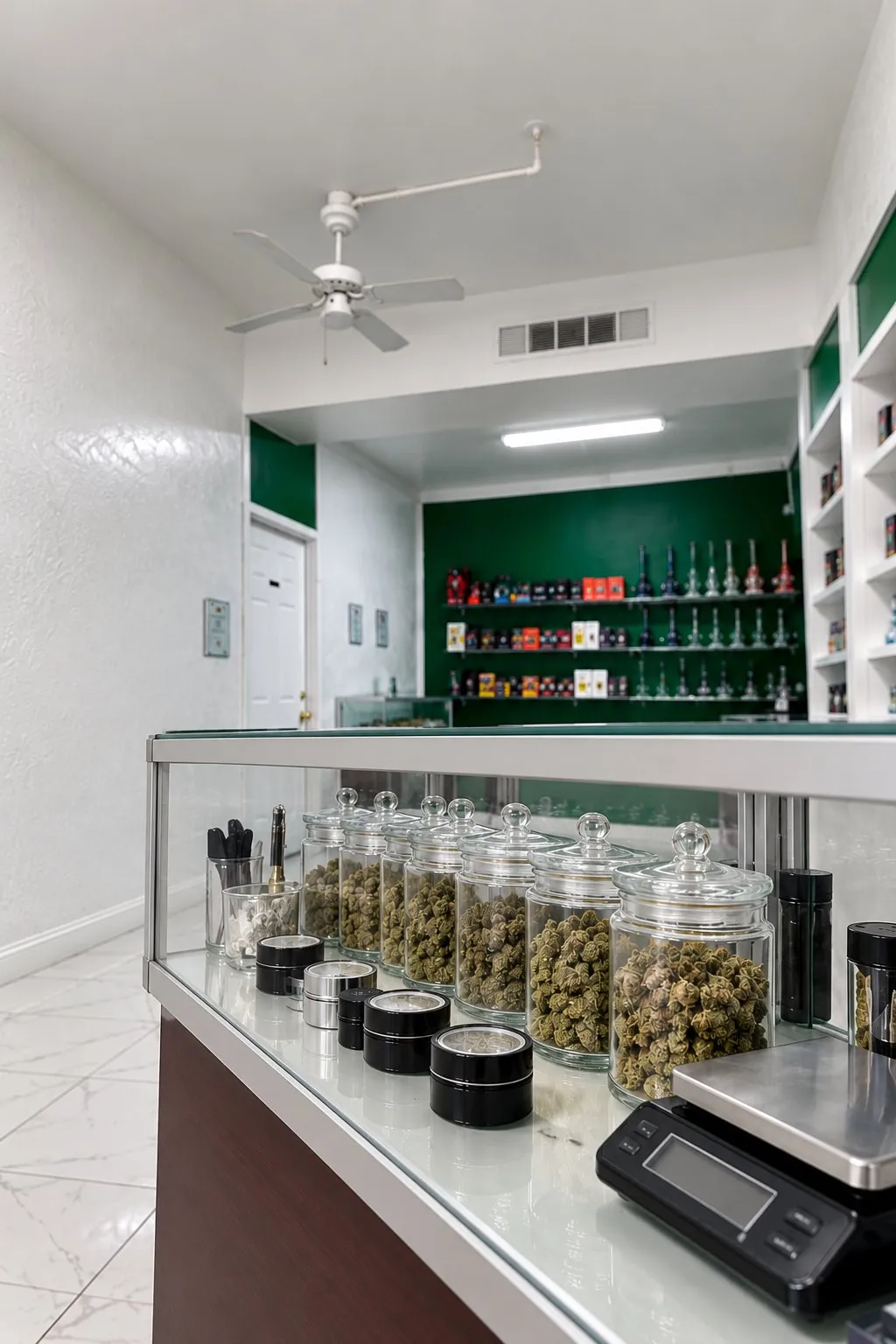 Glass jars of hemp flower in a display case at Kush Kingdom